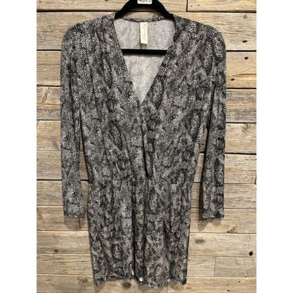 Allison Joy Long Sleeved Snake Print Faux Wrap‎ Cocktail Dress Sz M Black/Tan